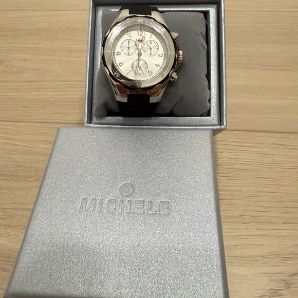 Michele Silver Chronograph Watch with Black Strap